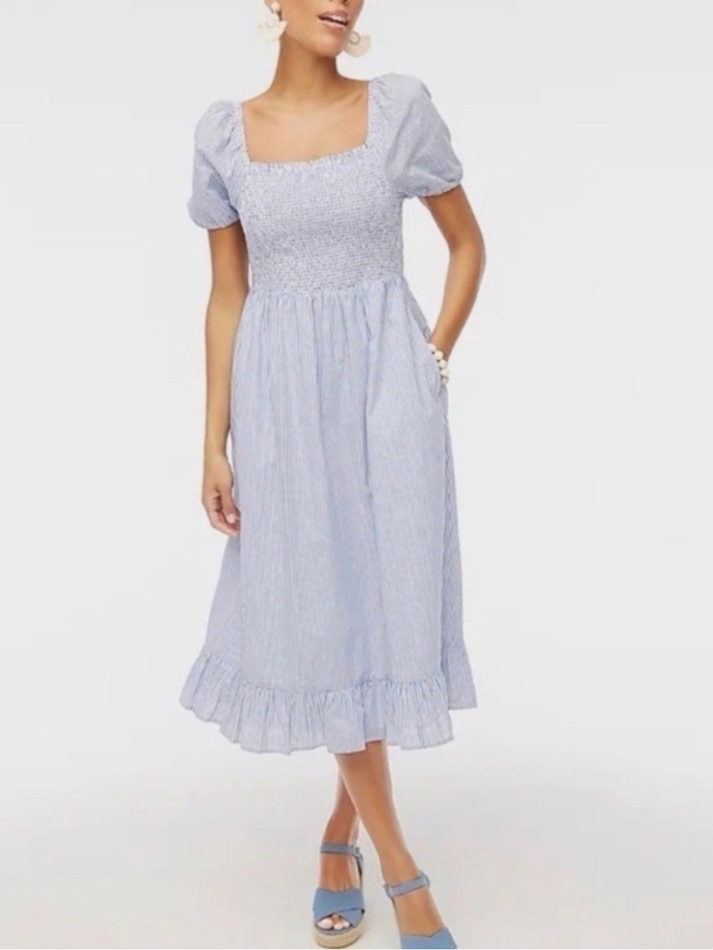 J.Crew Striped Smocked Midi Dress Puff Sleeve Ruffle Hem Blue White Petite Small